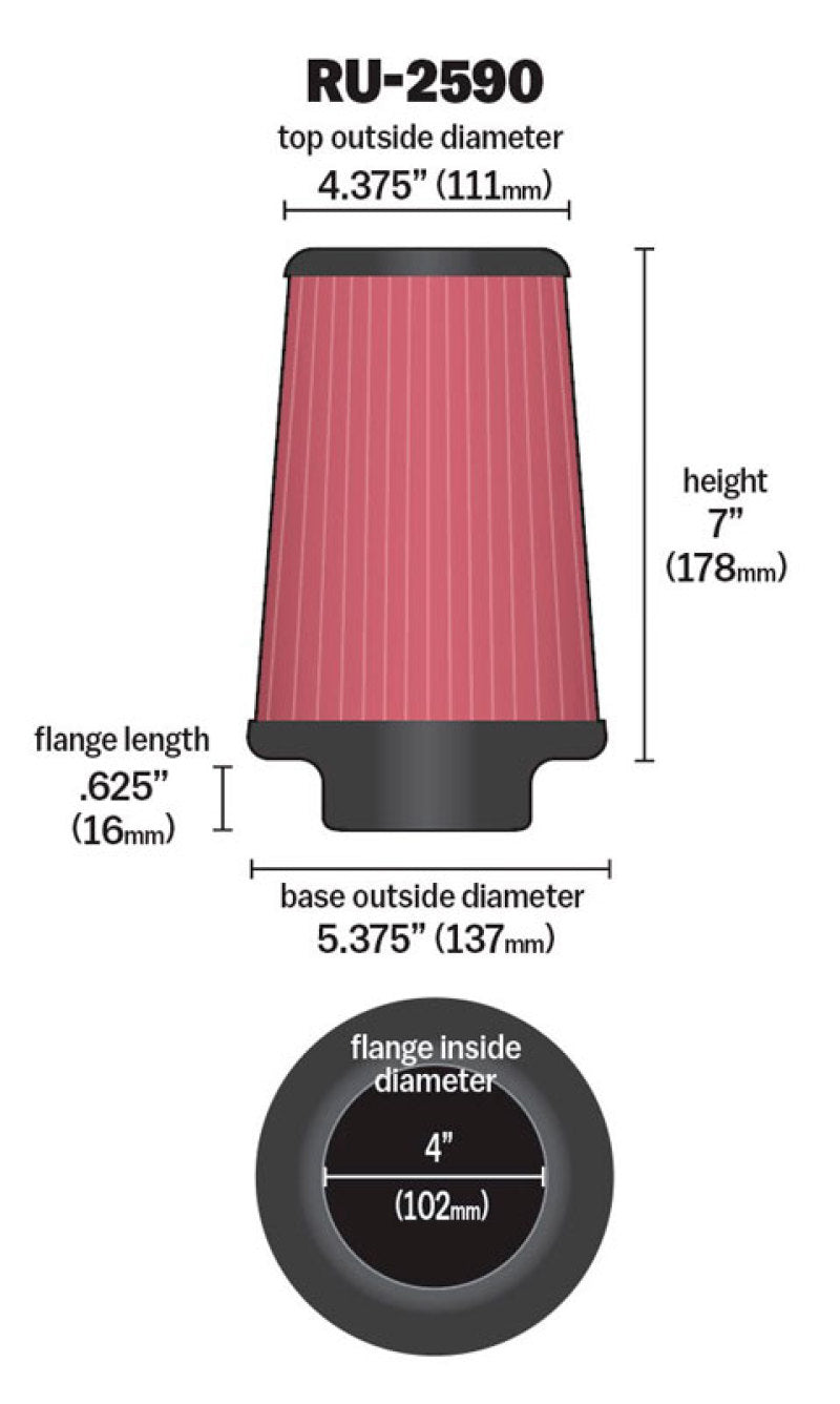 K&N Filter Universal Rubber Filter 4 inch Flange 5 3/8 inch Base 4 3/8 inch Top 7 inch Height-thumbmail-4