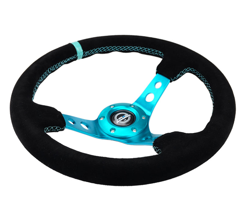 NRG Reinforced Steering Wheel (350mm/ 3in. Deep) Black Suede/ Teal Center Mark/ Teal Stitching-thumbmail-2
