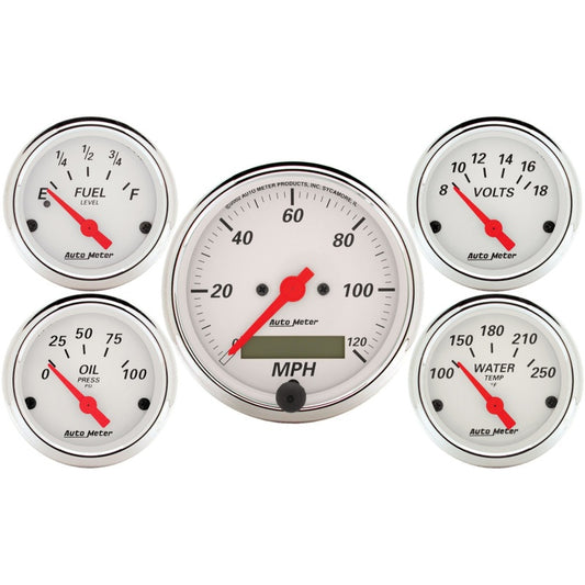 Autometer Arctic White 5 Pc Kit Box w/ Elec Speedo, Elec Oil Press, Water Temp, Volt, Fuel Level