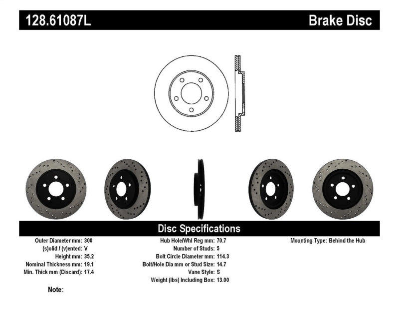 StopTech 05-10 Ford Mustang V6/4.0L / GT V8/4.6L Cross Drilled Left Rear Rotor-thumbmail-2