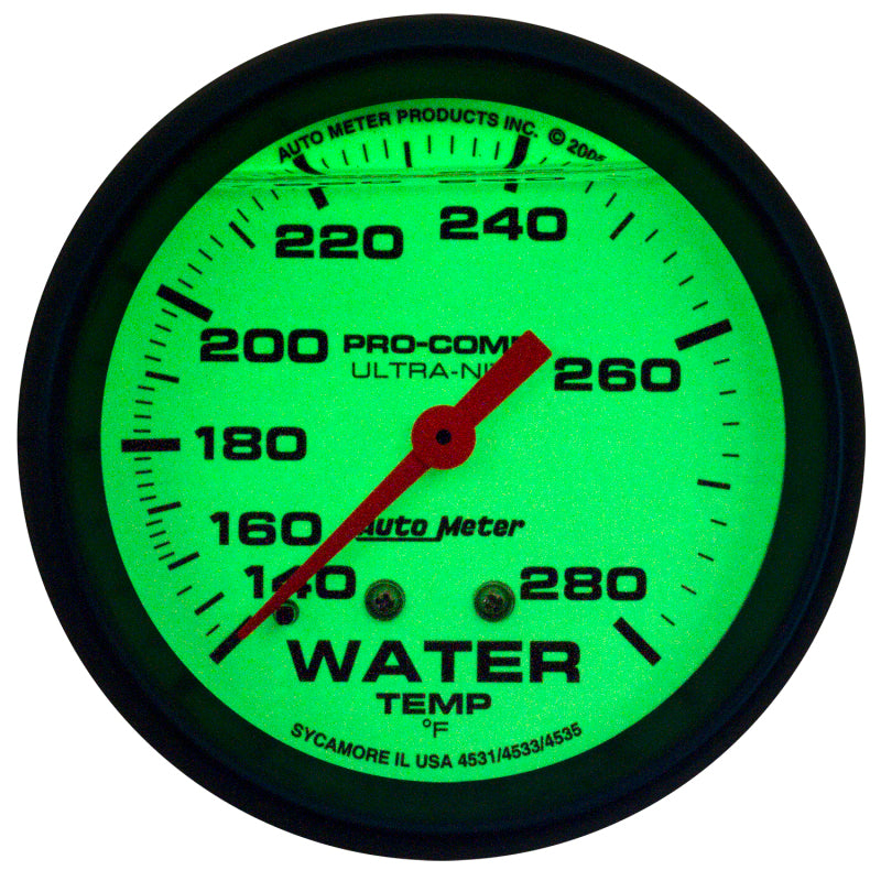 AutoMeter Gauge Wtemp 2-5/8in. 140-280 Deg. F Liq Filld Mech 4ft. Glow In Dark Ultra-Nite-thumbmail-2