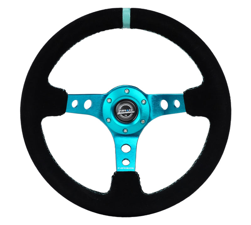 NRG Reinforced Steering Wheel (350mm/ 3in. Deep) Black Suede/ Teal Center Mark/ Teal Stitching-thumbmail-3