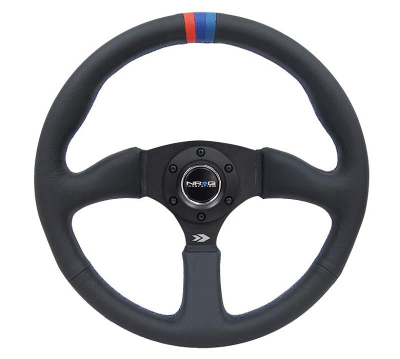 NRG Reinforced Steering Wheel (350mm / 2.5in Deep) Blk Leather w/M3 stitch Matte Blk 3-Spoke Center-thumbmail-1