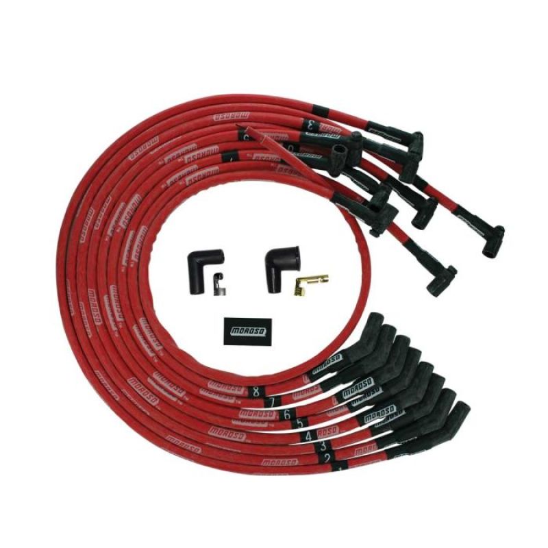 Moroso BBC Under Header 135 Deg Plug Boot HEI Sleeved Ultra Spark Plug Wire Set - Red-thumbmail-1