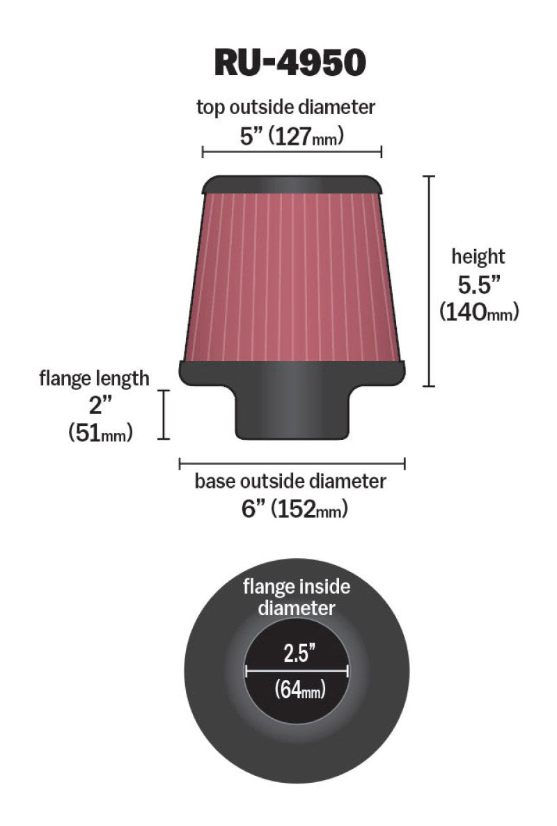 K&N Filter Universal Rubber Filter 2 1/2 inch Flange 6 inch Base 5 inch Top 5 1/2 inch Height-thumbmail-13
