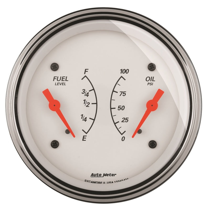 AutoMeter Gauge Dual Fuel & Oilp 3-3/8in. 240 Ohm(e) to 33 Ohm(f) & 100PSI Elec Arctic White-thumbmail-1
