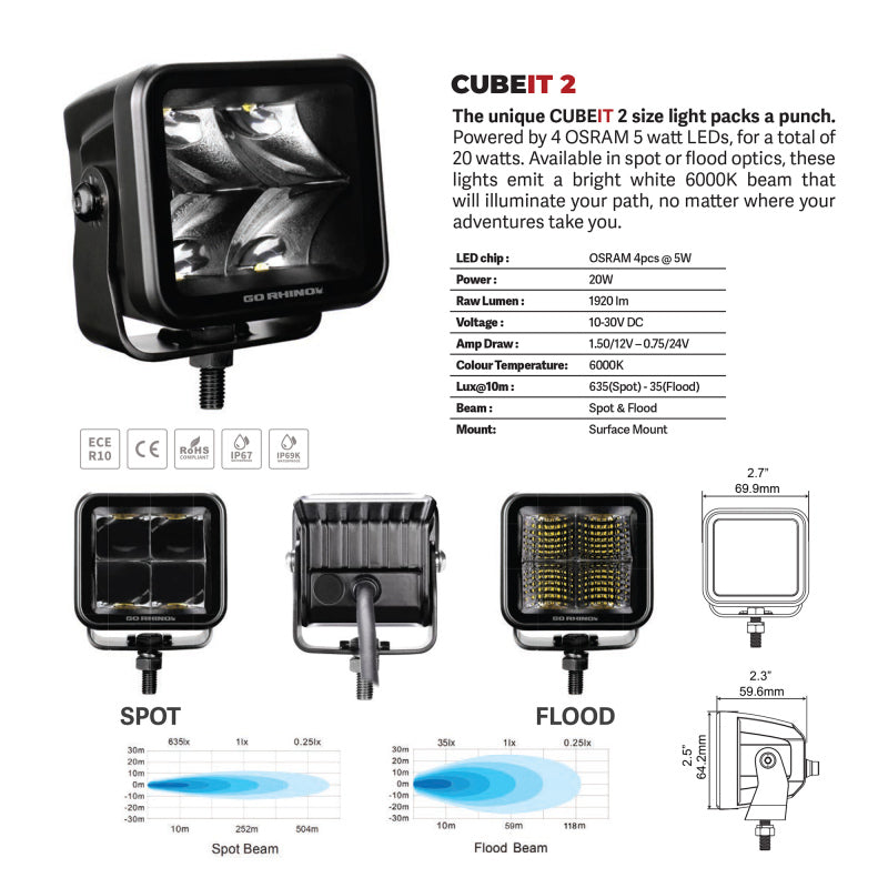 Go Rhino Xplor Blackout Series Cube LED Flood Light Kit (Surface/Threaded Stud Mnt) 2x2 - Blk (Pair)-thumbmail-12