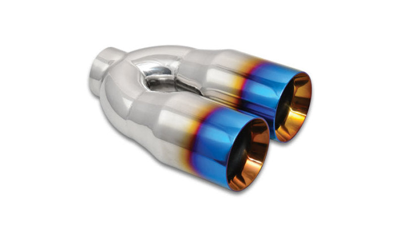 Vibrant 2.5in ID Dual 3.5in OD Round SS Tips (Double Wall, Straight Cut) with Burnt Blue Finish-thumbmail-2