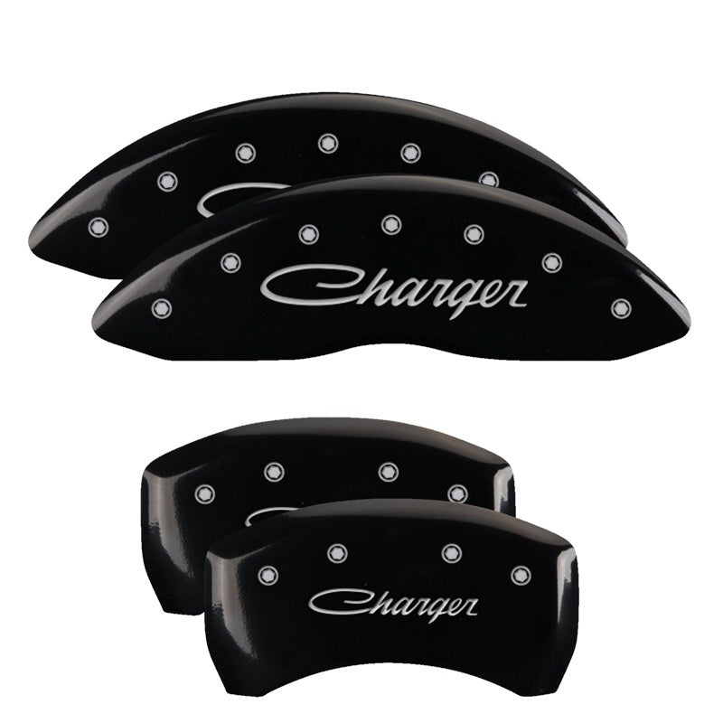 MGP 4 Caliper Covers Engraved Front & Rear Cursive/Charger Black finish silver ch-thumbmail-3