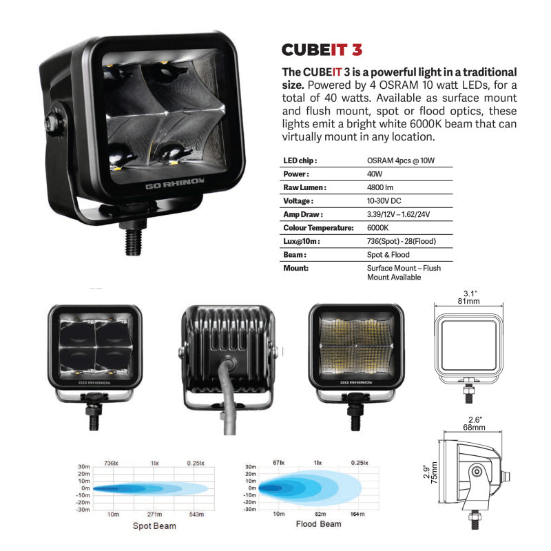 Go Rhino Xplor Blackout Series Cube LED Flood Light Kit (Flush Mount) 3x3 - Blk (Pair)-thumbmail-10