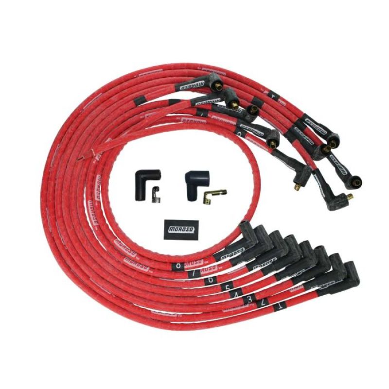 Moroso SBC Under Header 90 Deg Plug Non-HEI Sleeved Ultra Spark Plug Wire Set - Red-thumbmail-1