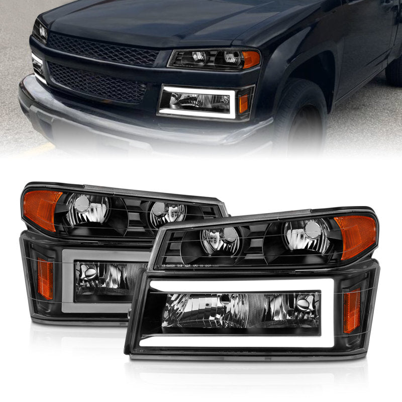 ANZO 04-12 GM Colorado/Canyon/I-Series Crystal Headlights - w/ Light Bar Black Housing 4pcs-thumbmail-2