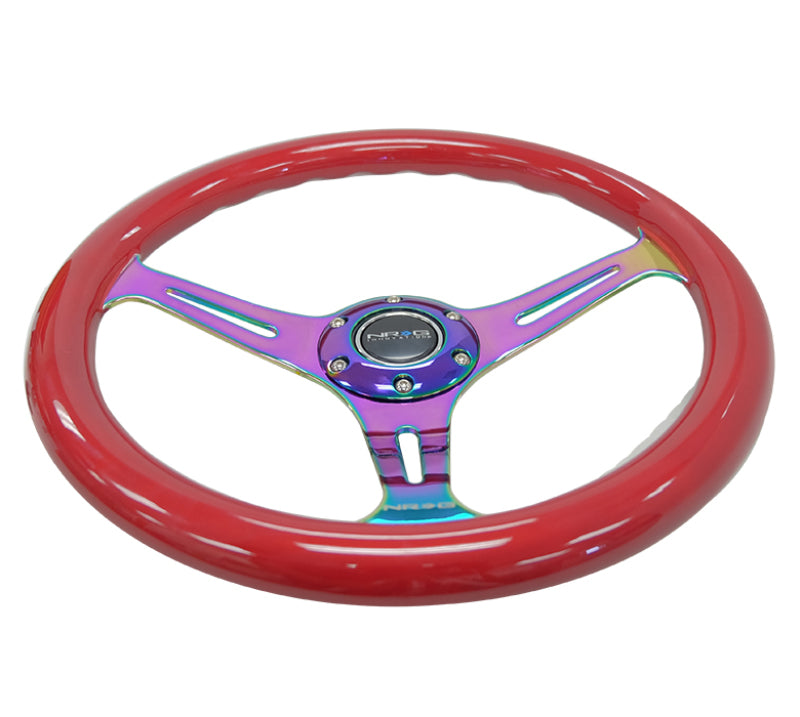 NRG Classic Wood Grain Steering Wheel (350mm) Red Grip w/Neochrome 3-Spoke Center-thumbmail-4