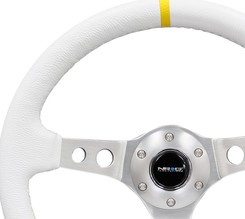 NRG Reinforced Steering Wheel (350mm / 3in. Deep) Wht Leather w/Silver Spoke & Single Yellow Mark-thumbmail-8