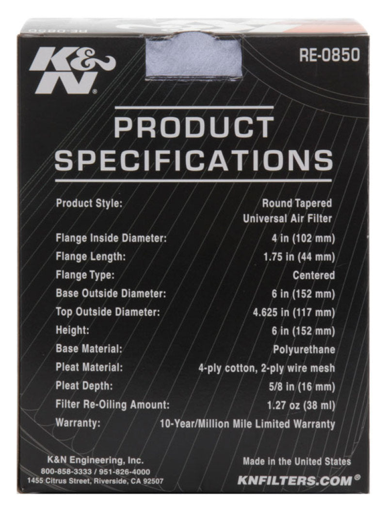K&N Universal Air Filter (4in. Flange / 6in. Base OD / 4-5/8in. Top OD / 6in. Height)-thumbmail-22