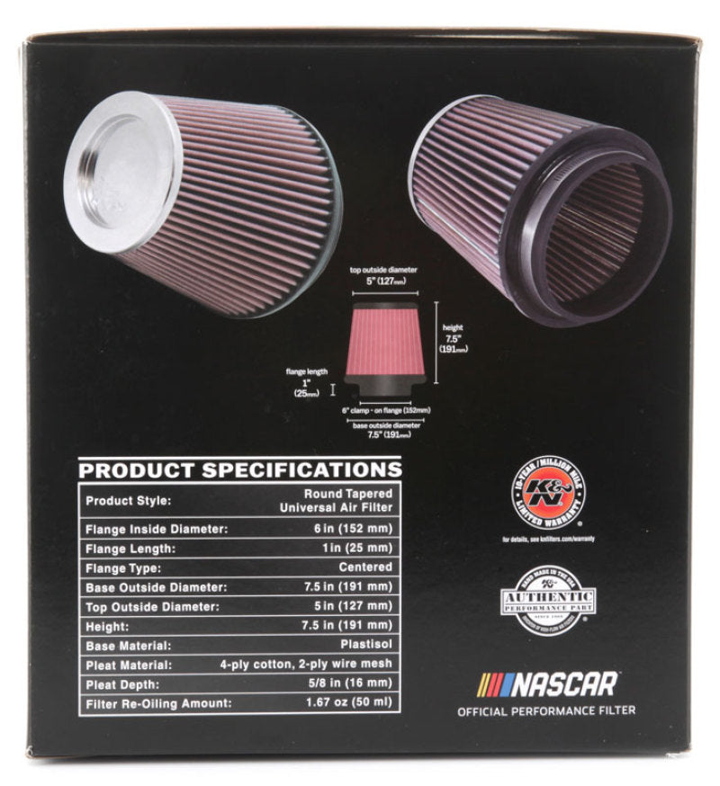 K&N Round Tapered Universal Air Filter 6 inch Flange 7 1/2 inch Base 5 inch Top 7 1/2 inch Height-thumbmail-29