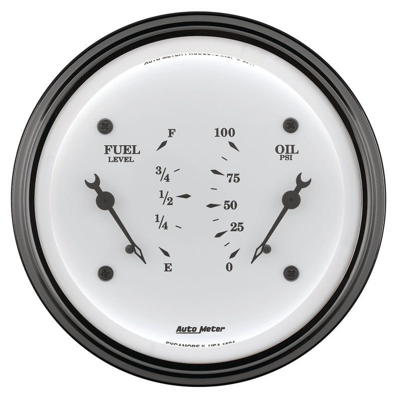 AutoMeter Gauge Dual Fuel & Oilp 3-3/8in. 0 Ohm(e) to 90 Ohm(f)& 100PSI Elec Old Tyme White-thumbmail-2