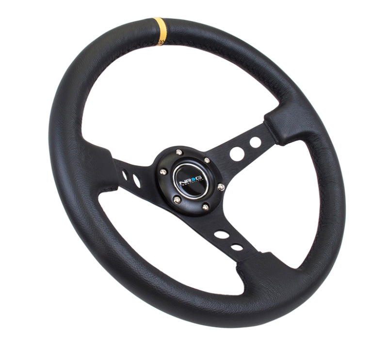 NRG Reinforced Steering Wheel (350mm / 3in. Deep) Blk Leather w/Blk Cutout Spoke/Yellow Center Mark-thumbmail-5