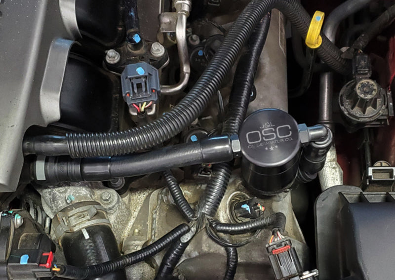 J&L 05-10 Ford Mustang GT Driver Side Oil Separator 3.0 V2 - Black Anodized-thumbmail-2