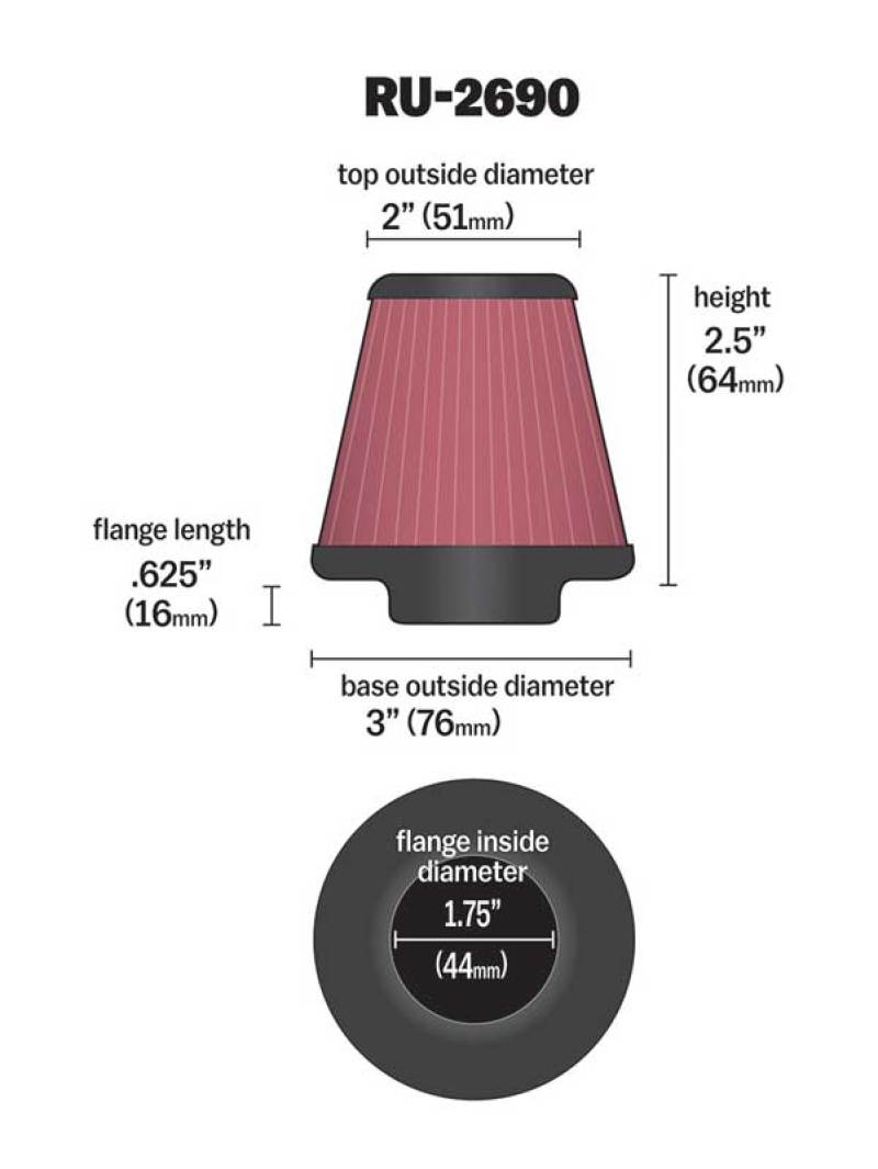 K&N Filter Universal Rubber Filter 1 3/4 inch Flange 3 inch Base 2 inch Top 2.5 inch Height-thumbmail-3