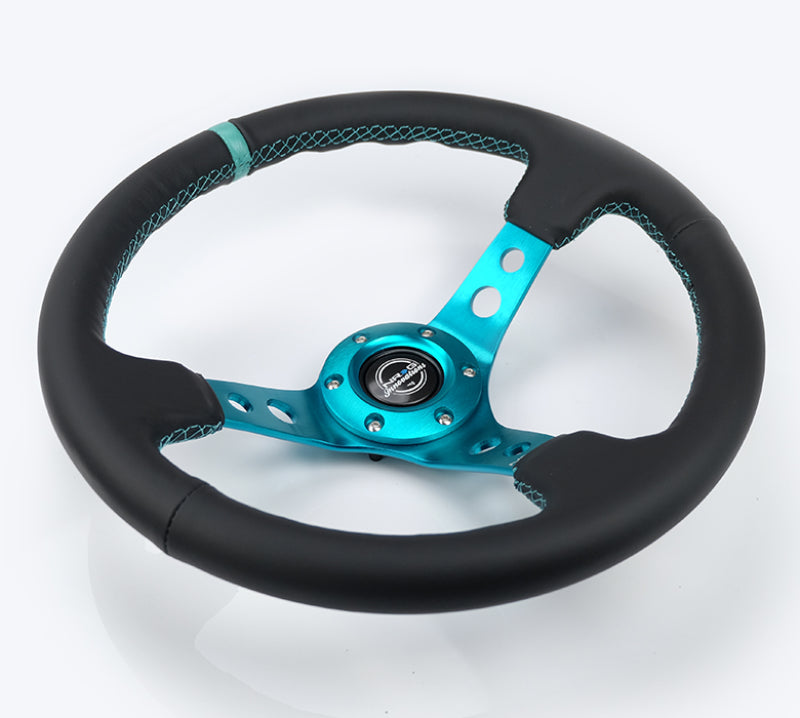 NRG Reinforce Steering Wheel (350mm / 3in. Deep) Blk Leather, Teal Center Mark w/ Teal Stitching-thumbmail-3