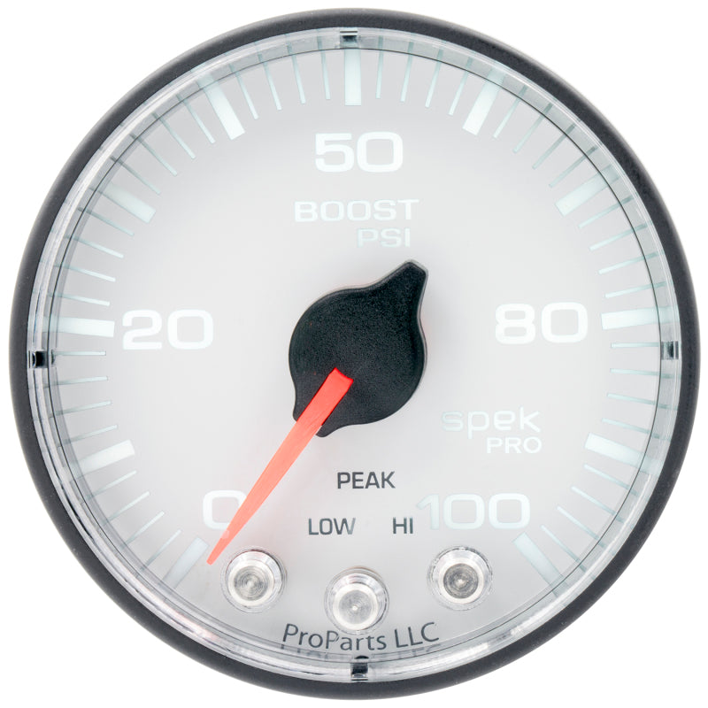 Autometer Spek-Pro 2 1/16in 100PSI Stepper Motor W/Peak & Warn White/Black Boost Gauge-thumbmail-3