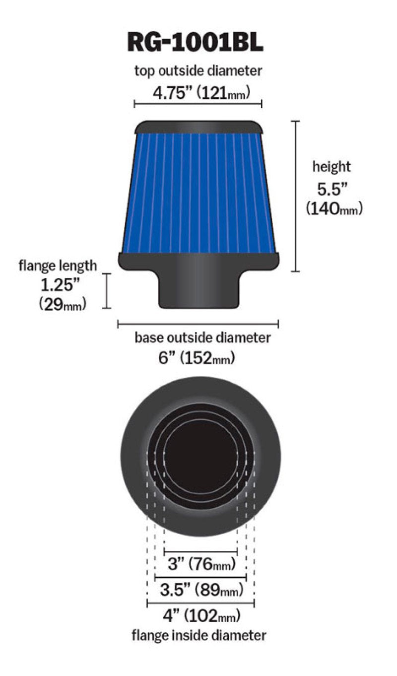 K&N Universal Air Filter Chrome Round Tapered Blue - 4in Flange ID x 1.125in Flange Length x 5.5in H-thumbmail-18