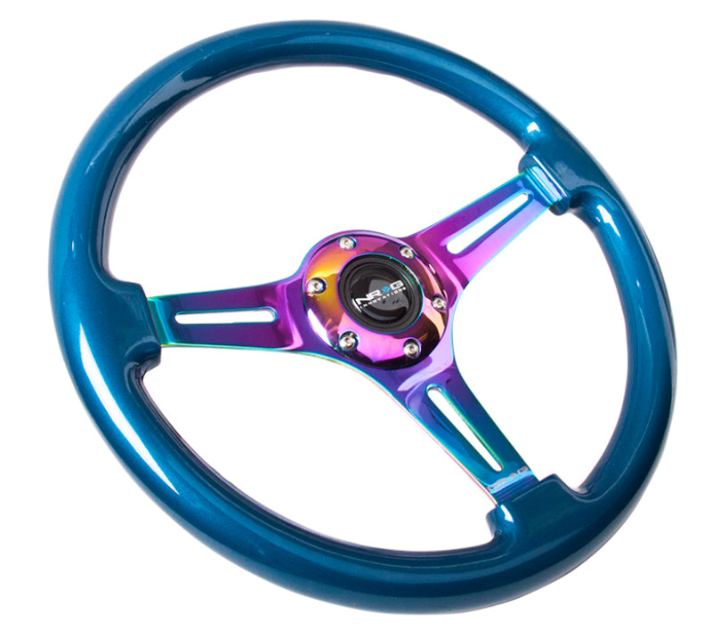 NRG Classic Wood Grain Steering Wheel (350mm) Blue Pearl/Flake Paint w/Neochrome 3-Spoke Center-thumbmail-3
