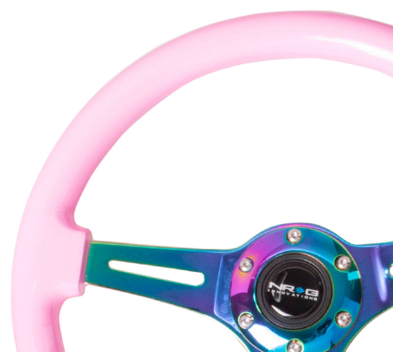 NRG Classic Wood Grain Steering Wheel (350mm) Solid Pink Painted Grip w/Neochrome 3-Spoke Center-thumbmail-2
