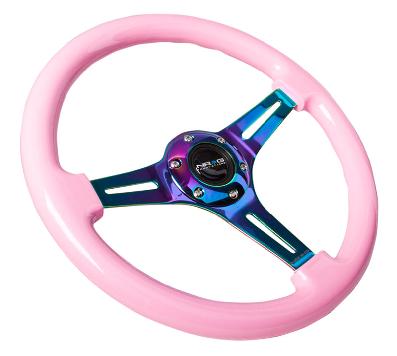 NRG Classic Wood Grain Steering Wheel (350mm) Solid Pink Painted Grip w/Neochrome 3-Spoke Center-thumbmail-3