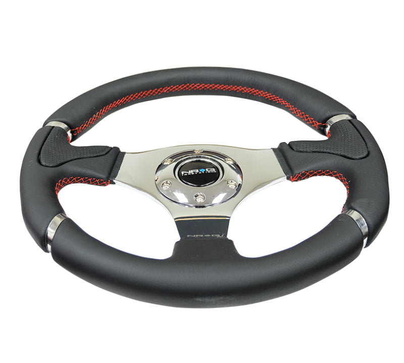 NRG Reinforced Steering Wheel (320mm) Blk Leather/Red Stitching w/Chrome 3-Spoke Center-thumbmail-4