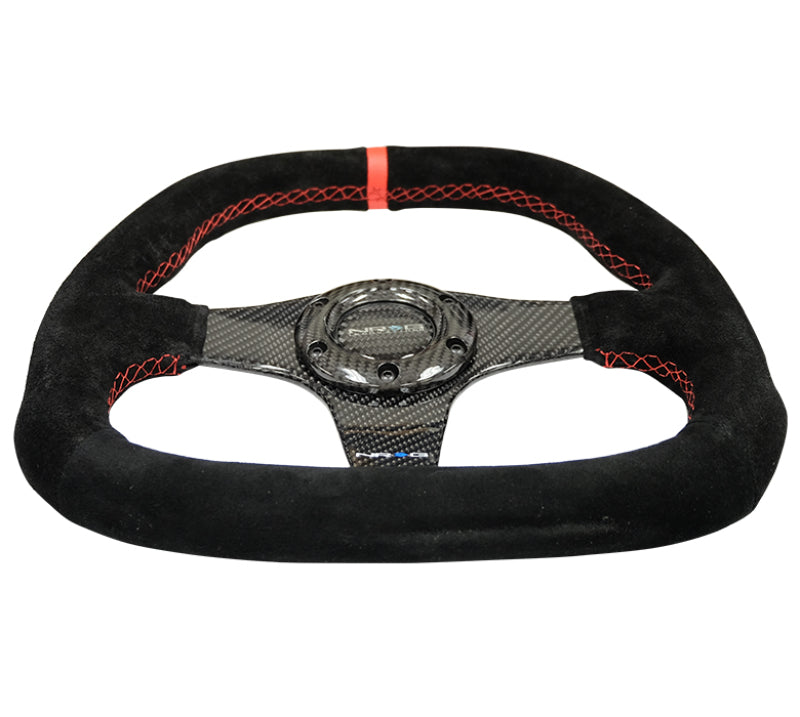 NRG Carbon Fiber Steering Wheel (320mm) Flat Btm. Blk Suede/Red Stitch w/CF Spokes & Red Center Mark-thumbmail-3