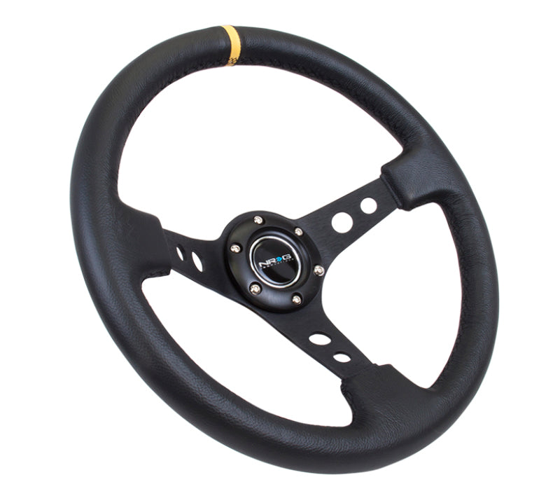 NRG Reinforced Steering Wheel (350mm / 3in. Deep) Blk Leather w/Blk Cutout Spoke/Yellow Center Mark-thumbmail-6