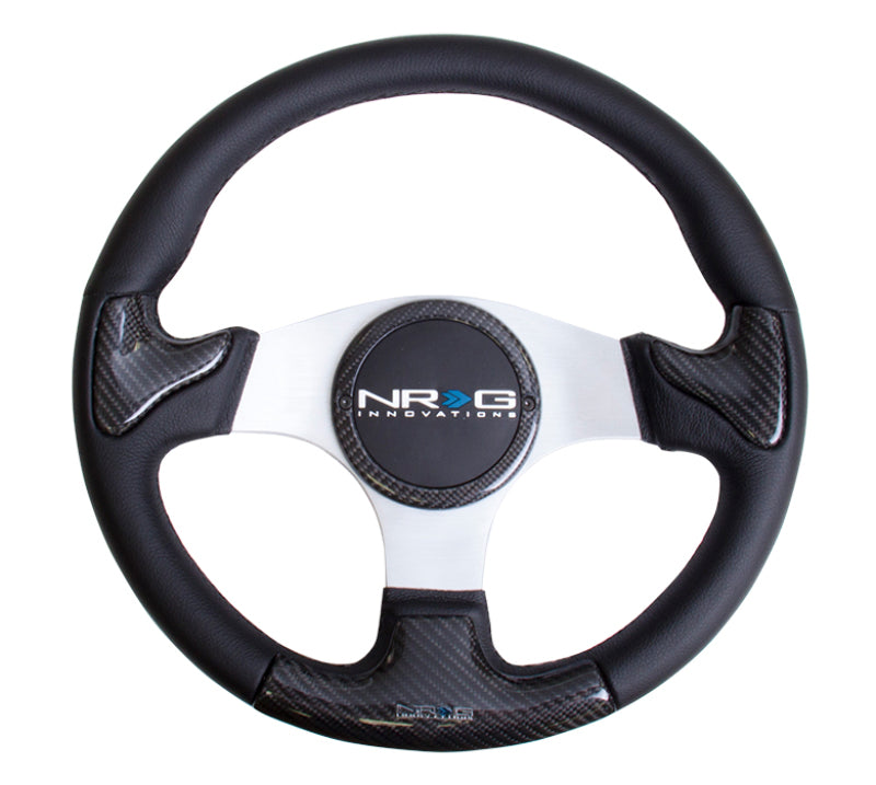 NRG Carbon Fiber Steering Wheel (350mm) Silver Frame Blk Stitching w/Rubber Cover Horn Button-thumbmail-3