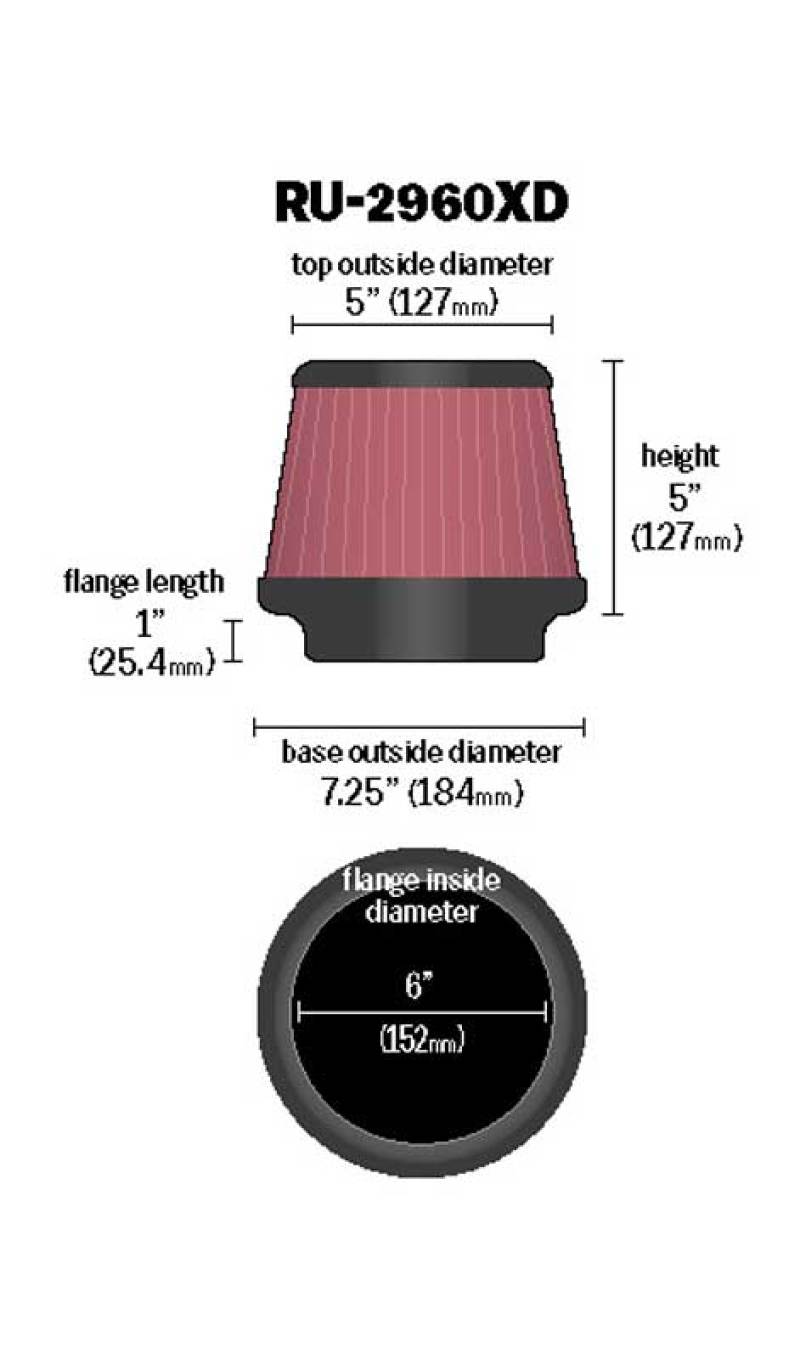 K&N Universal Tapered Filter 6in Flange ID x 7.5in Base OD x 5in Top OD x 5in Height-thumbmail-12