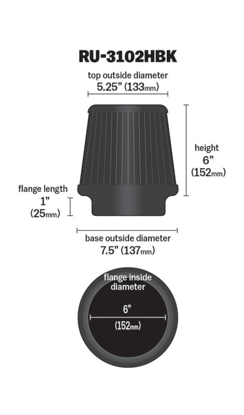 K&N Universal Rubber Filter Round Tapered 6in Flange ID x 7.5in Base OD x 5.25in Top OD x 6in Height-thumbmail-13