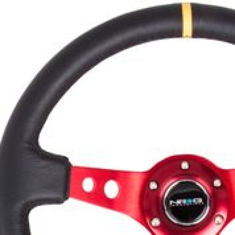NRG Reinforced Steering Wheel (350mm / 3in. Deep) Blk Leather w/Red Spokes & Sgl Yellow Center Mark-thumbmail-3