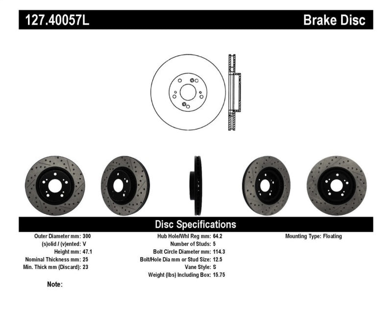 StopTech 02-06 Acura RSX Type S / 06-09 Honda Civic Si Slotted & Drilled Left Front Rotor-thumbmail-2