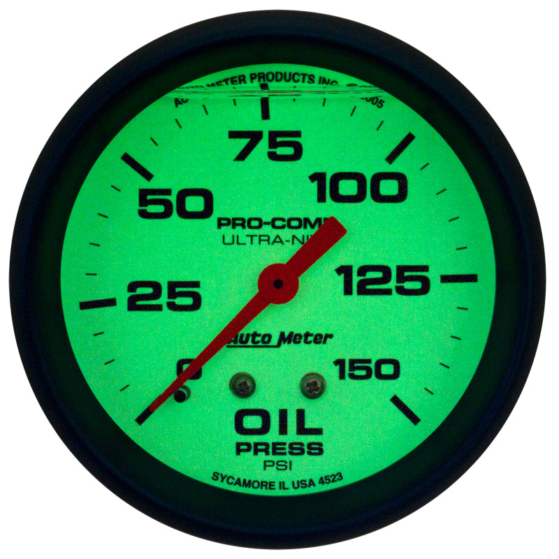 Autometer Ultra-Nite 2-5/8in 0-150 PSI Liquid Filled Mechanical Glow In Dark Oil Pressure Gauge-thumbmail-2