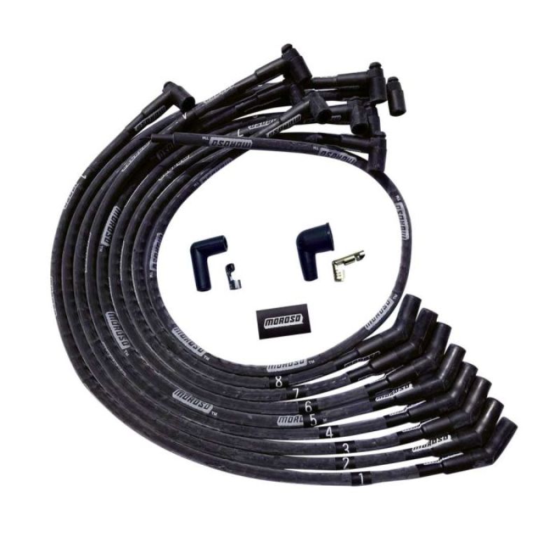 Moroso BBC Over Valve Cover 135 Deg Plug HEI Sleeved Ultra Spark Plug Wire Set - Black-thumbmail-1
