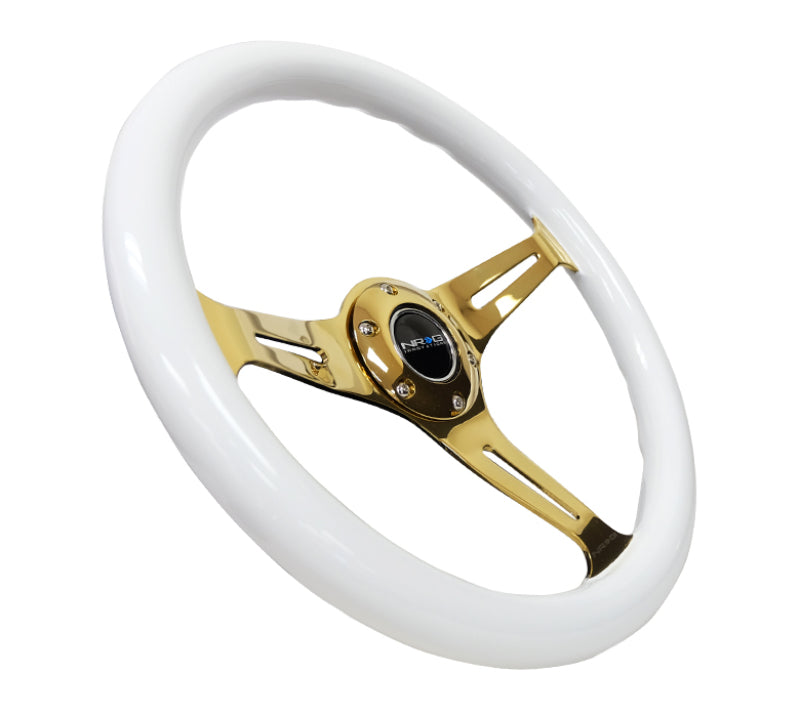 NRG Classic Wood Grain Steering Wheel (350mm) White Grip w/Chrome Gold 3-Spoke Center-thumbmail-4