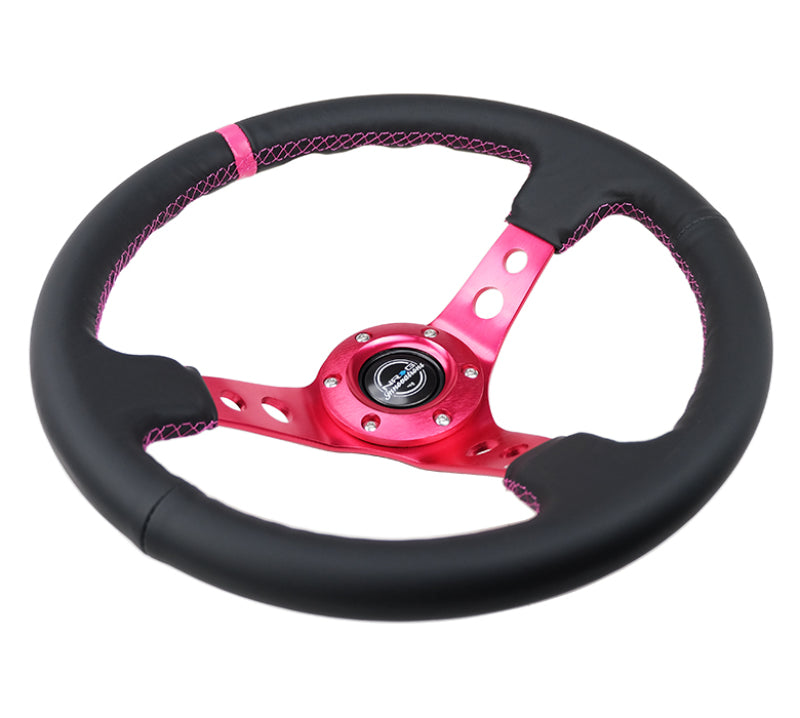 NRG Reinforced Steering Wheel (350mm/3in. Deep) Black Leather/ Fushia Center Mark/ Fushia Stitching-thumbmail-3