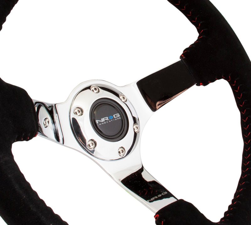 NRG Reinforced Steering Wheel (350mm / 3in. Deep) Blk Suede w/Red BBall Stitch & Chrome 3-Spoke-thumbmail-3