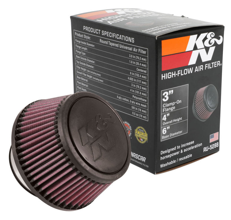 K&N Universal Round Clamp-On Air Filter 3in Flange ID x 6in Base OD x 4.625in Top OD x 3in Height-thumbmail-29