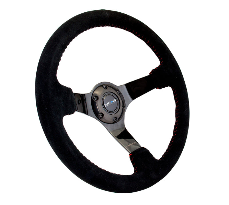 NRG Reinforced Steering Wheel (350mm / 3in. Deep) Blk Suede w/Red BBall Stitch & Black 3-Spoke-thumbmail-3