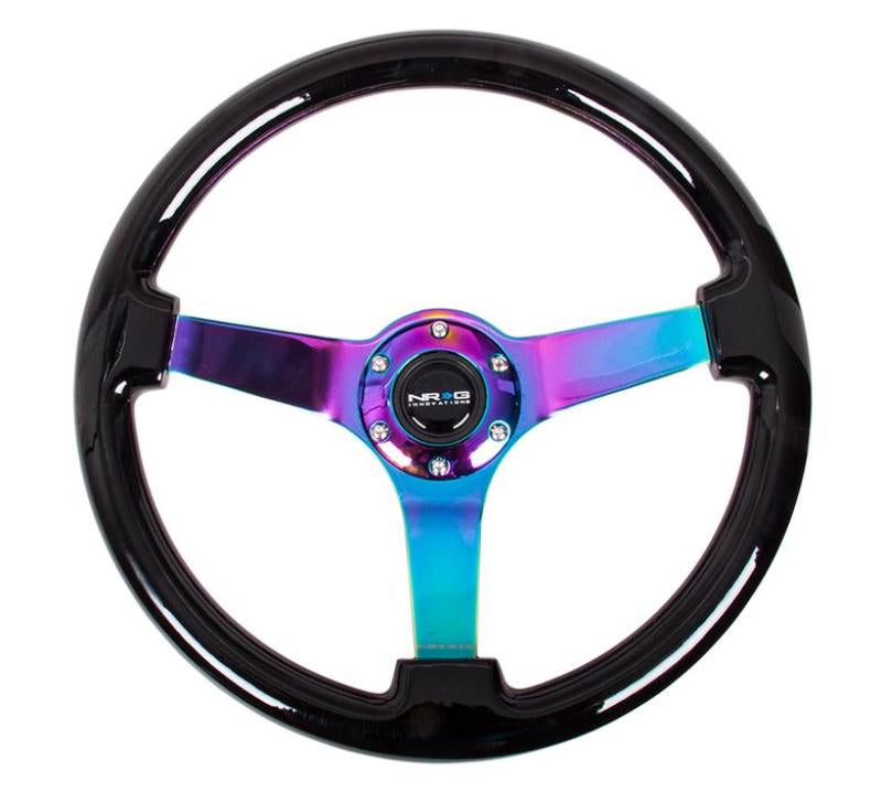 NRG Reinforced Steering Wheel (350mm / 3in Deep) Classic Blk Wood Grain w/Neochrome 3-Spoke Center-thumbmail-1