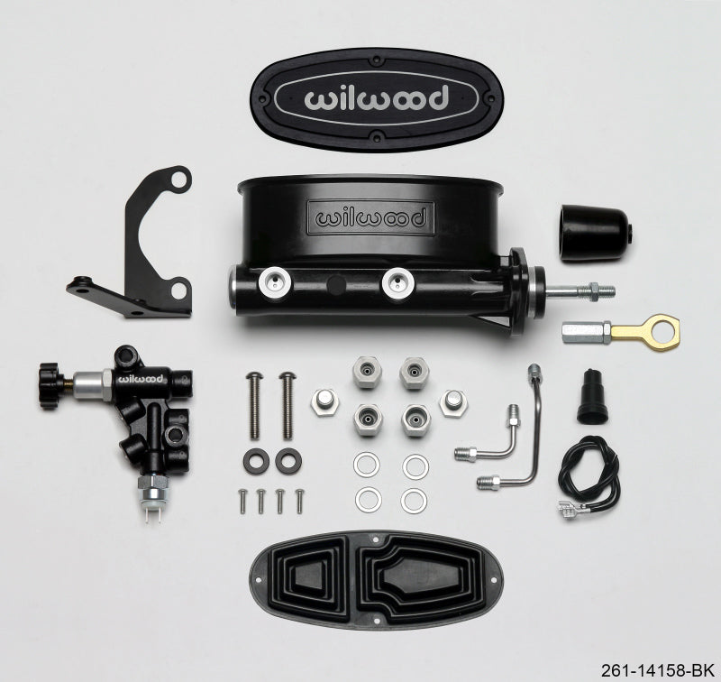 Wilwood HV Tandem M/C Kit w L/H Bracket & Prop Valve - 15/16in Bore Black-W/Push. - Early Mustang-thumbmail-1