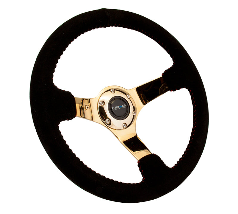 NRG Reinforced Steering Wheel (350mm / 3in. Deep) Blk Suede w/Red BBall Stitch & Chrome Gold 3-Spoke-thumbmail-3