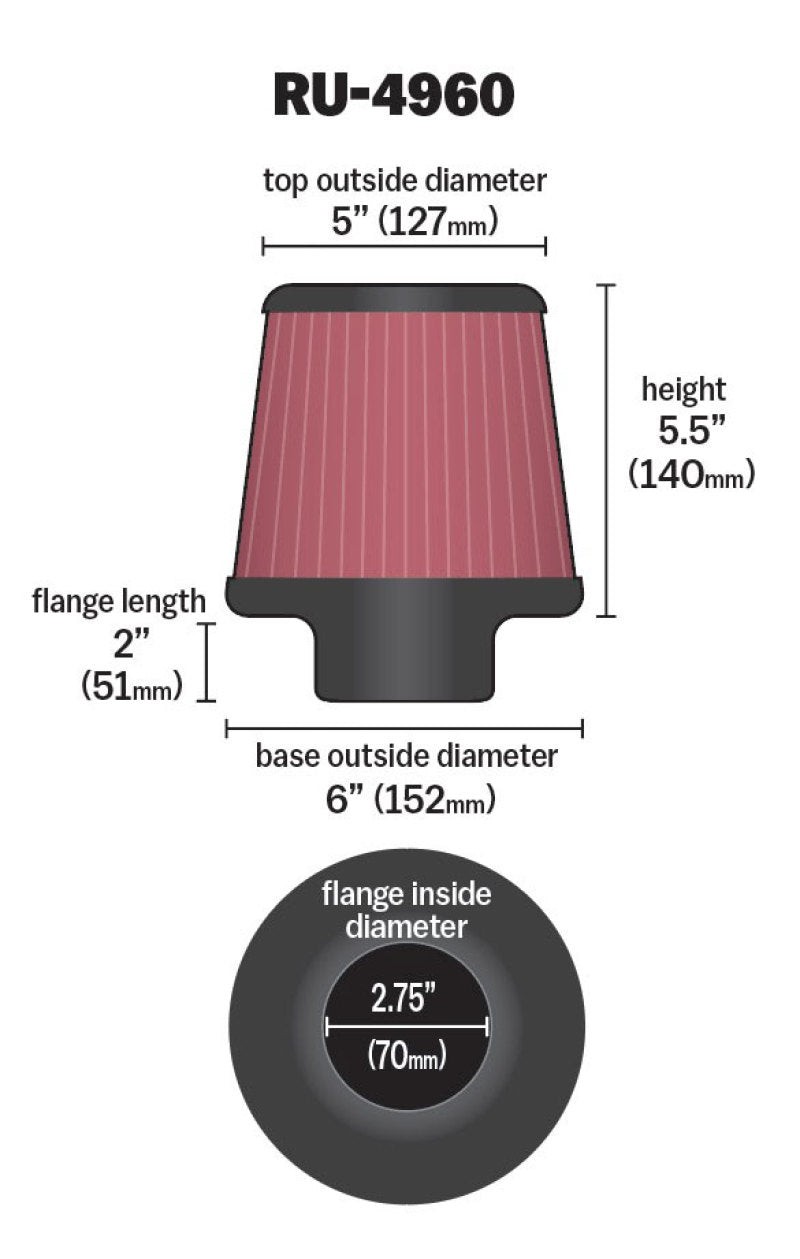 K&N Filter Universal Rubber Filter 2 3/4 inch Flange 6 inch Base 5 inch Top 5 1/2 inch Height-thumbmail-22