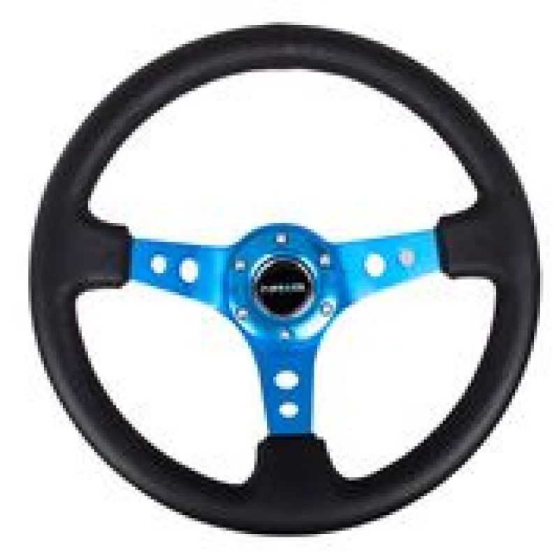 NRG Reinforced Steering Wheel (350mm / 3in. Deep) Blk Leather w/Blue Circle Cutout Spokes-thumbmail-4